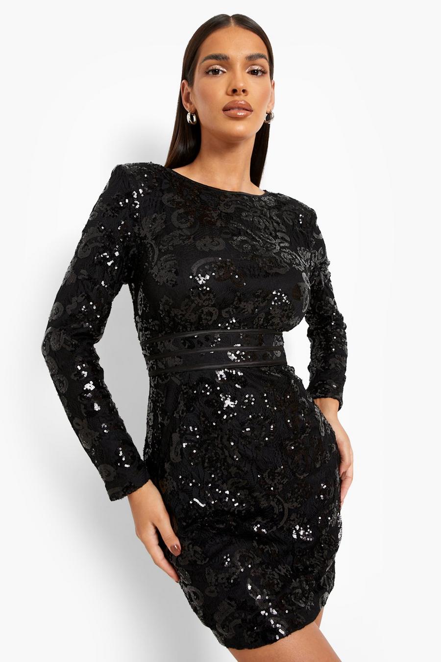 שחור שמלת מיני מבד דמשק עם פייטים וכריות כתפיים image number 1