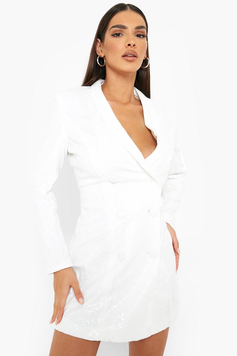White Demask Sequin Double Breasted Blazer Dress image number 1