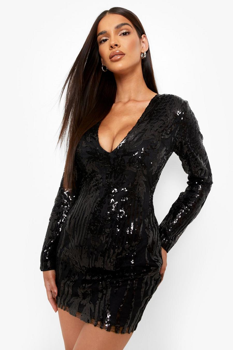 Black schwarz Damask Sequin Shoulder Pad Plunge Mini Party Dress