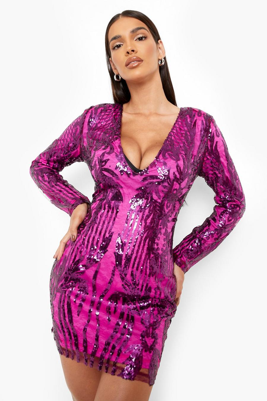 Hot pink Damask Sequin Shoulder Pad Plunge Mini Party Dress