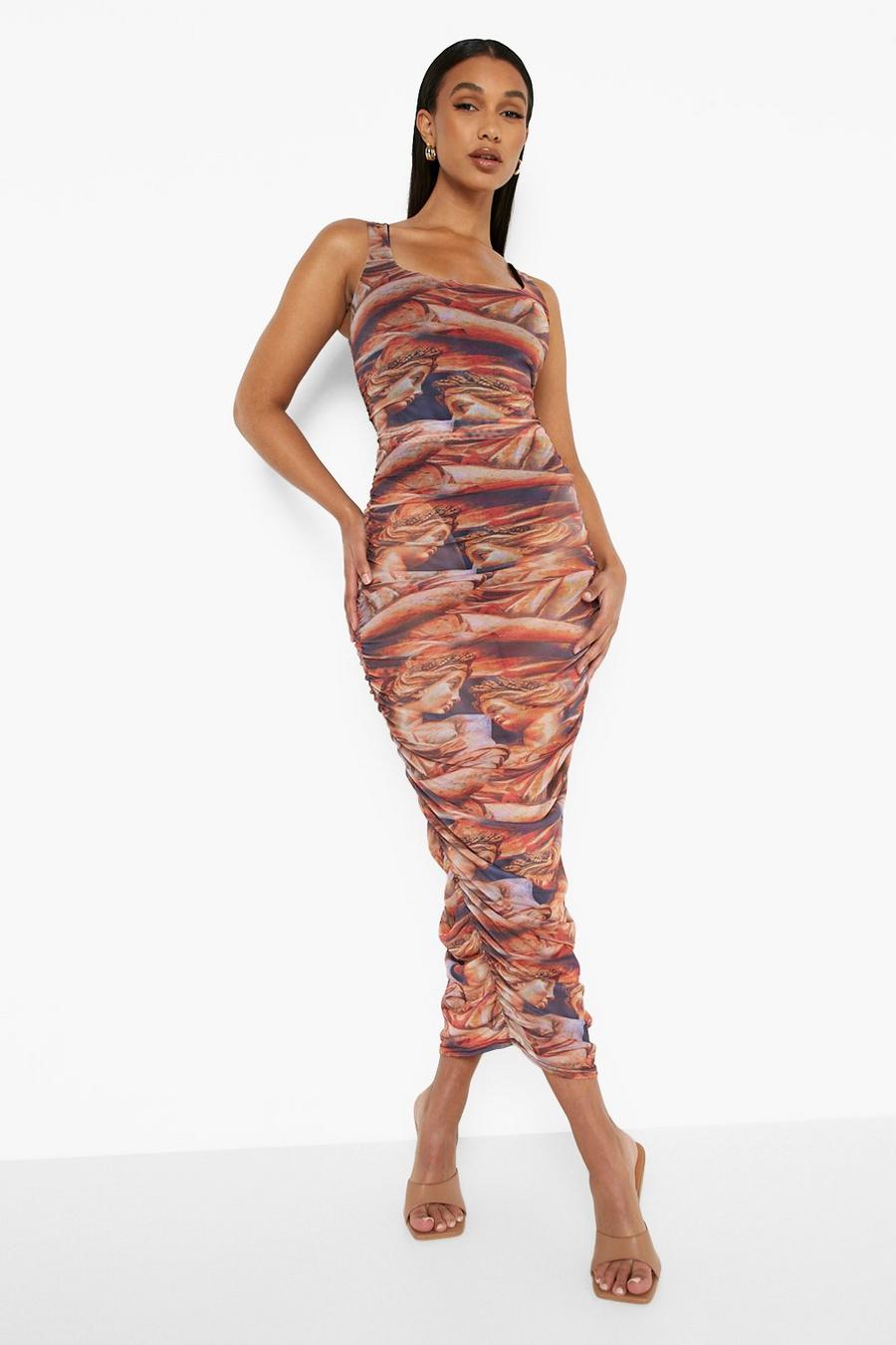 Rust Printed Mesh Rouched Midaxi Dress image number 1