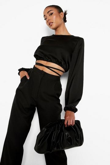 Tie Waist Long Sleeve Crop Top black