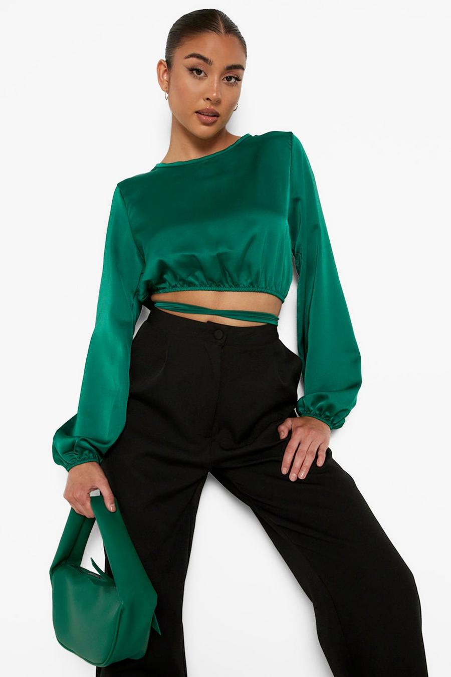 Langärmliges Crop Top mit Taillenband, Green image number 1