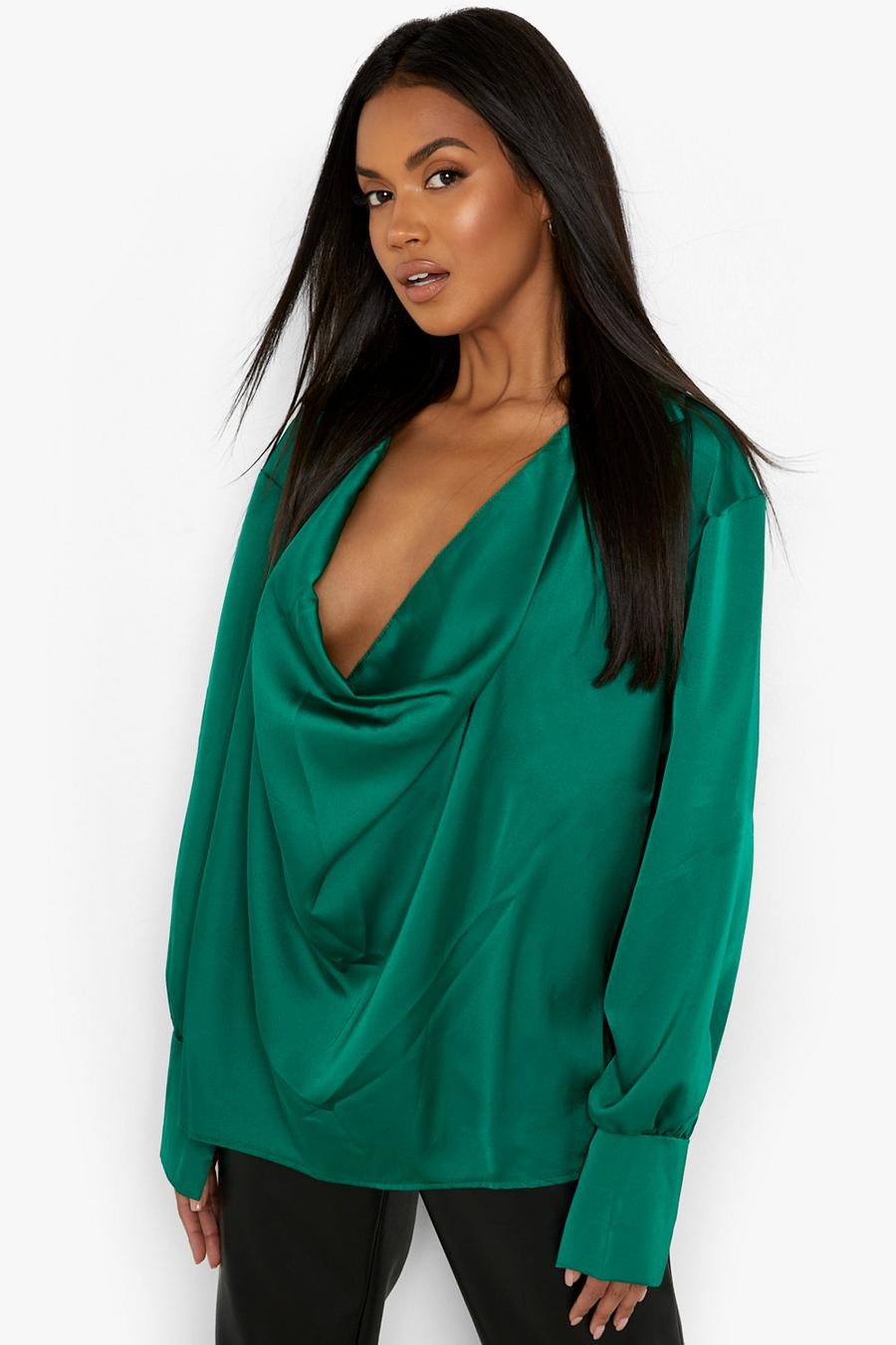 Green Satin Cowl Neck Oversized Cuff Shirt image number 1