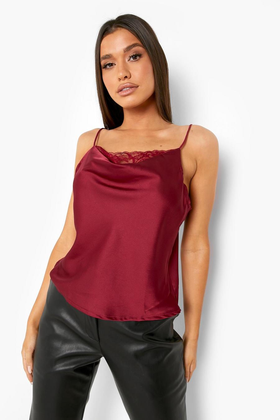Berry Cowl Neck Lace Trim Cami Top image number 1