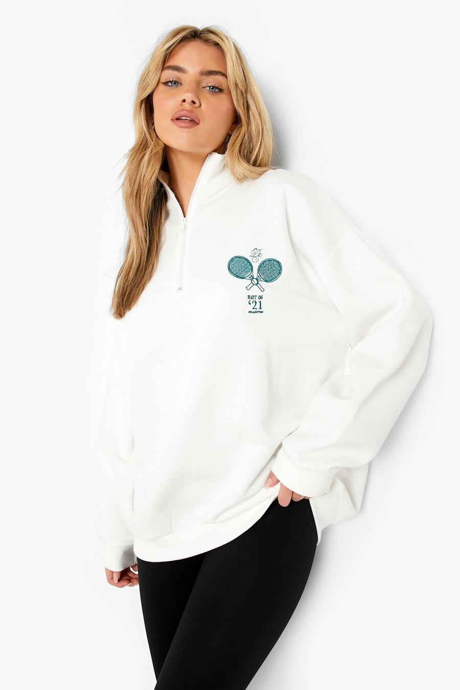 Sweatshirt mit Tennis Stickerei und Reißverschluss, Ecru weiß