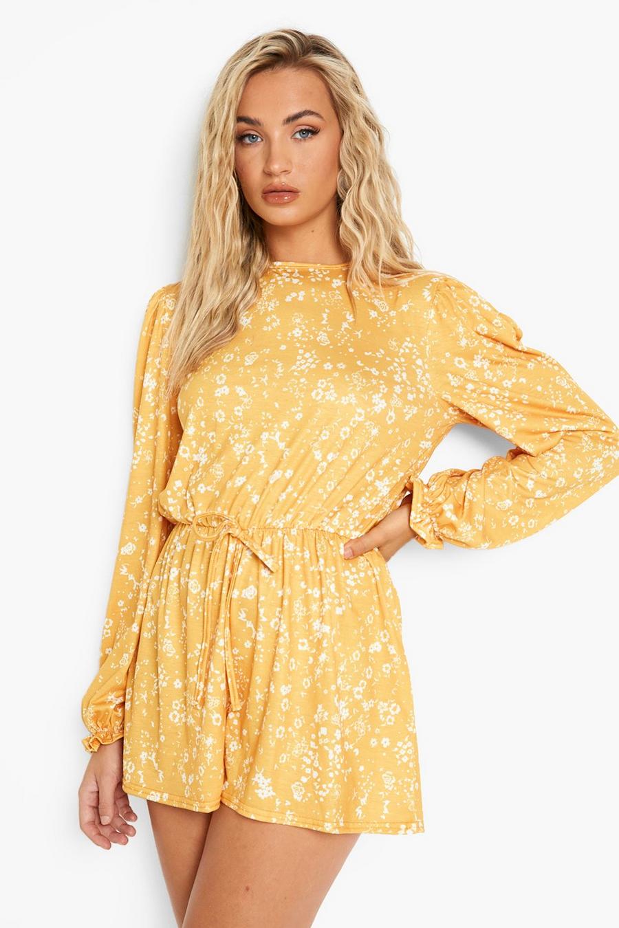 Mustard Floral Balloon Sleeve Playsuit image number 1