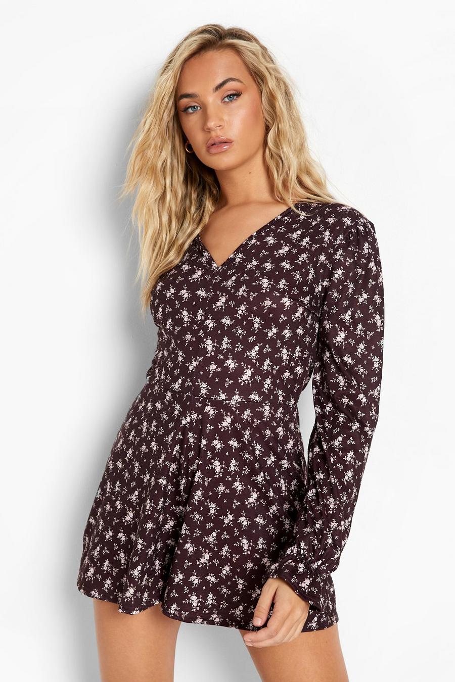 Chocolate Floral Plunge Flippy Playsuit image number 1