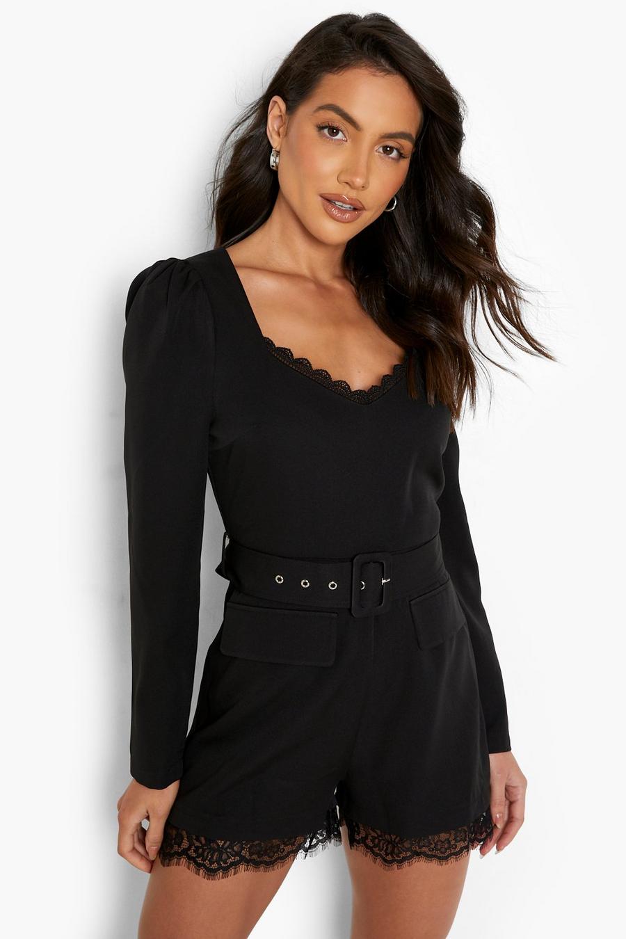 Black Lace Trim Puff Sleeve Belted Playsuit image number 1