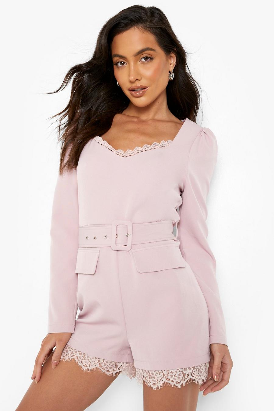 Blush pink Lace Trim Puff Sleeve Belted Romper