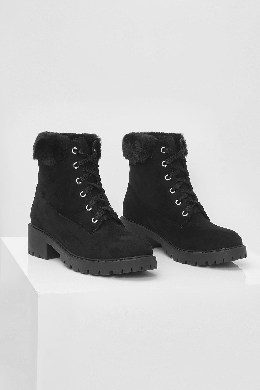 Fur Trim Lace Up Combat Boots boohoo CA