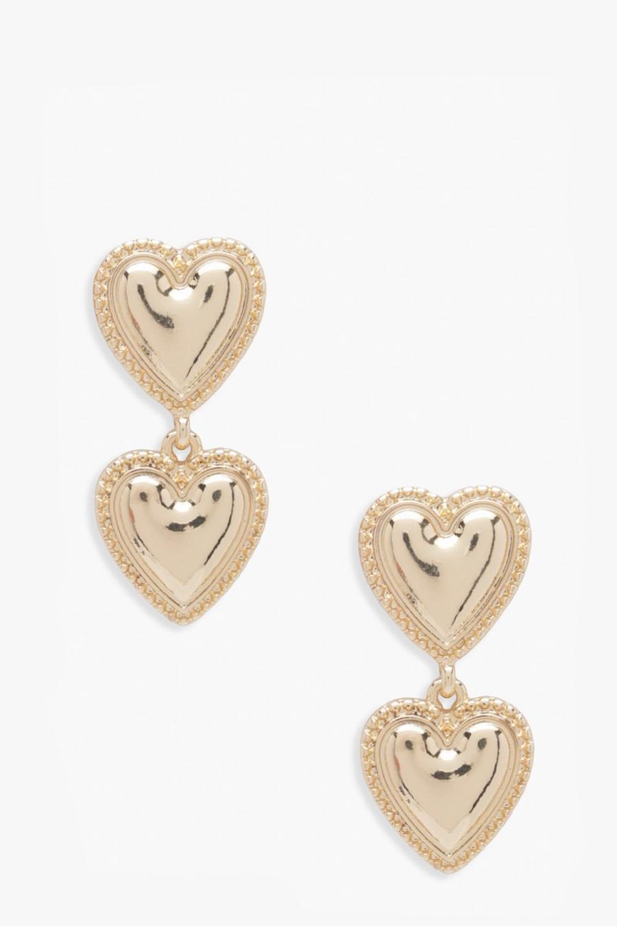 זהב עגילים נופלים עם לב כפול ממתכת ממוחזרת image number 1