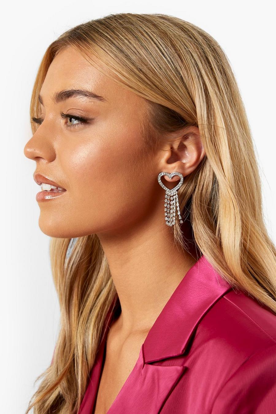 Silver Diamante Open Heart Drop Earrings image number 1