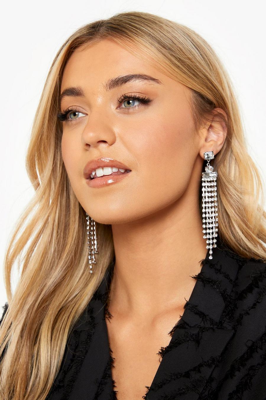 Silver Diamante Drop Statement Stud Earrings