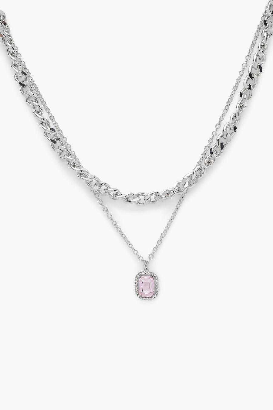 Silver Diamante Pink Pendant Necklace image number 1
