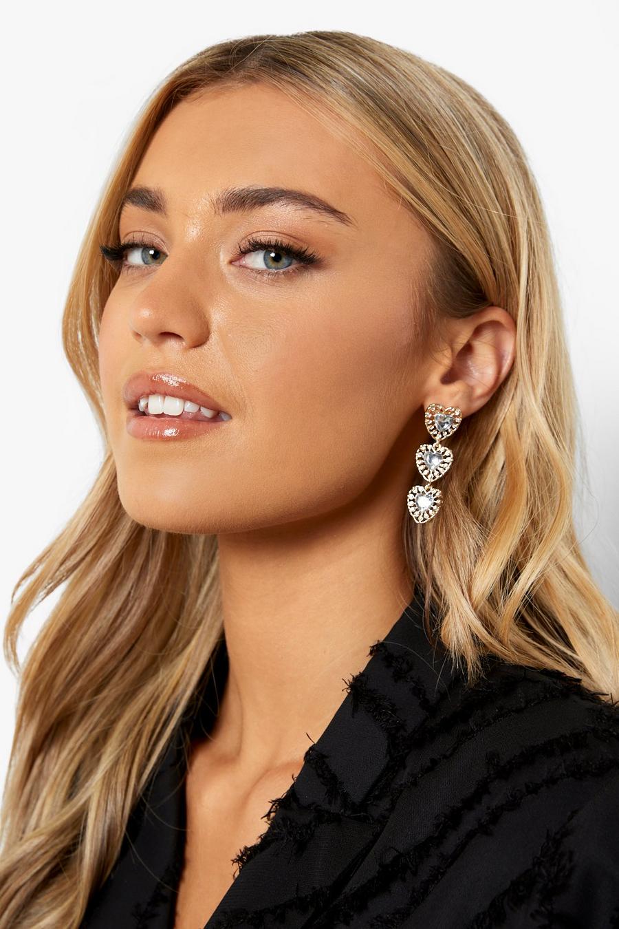 Gold Diamante Heart Drop Earrings image number 1