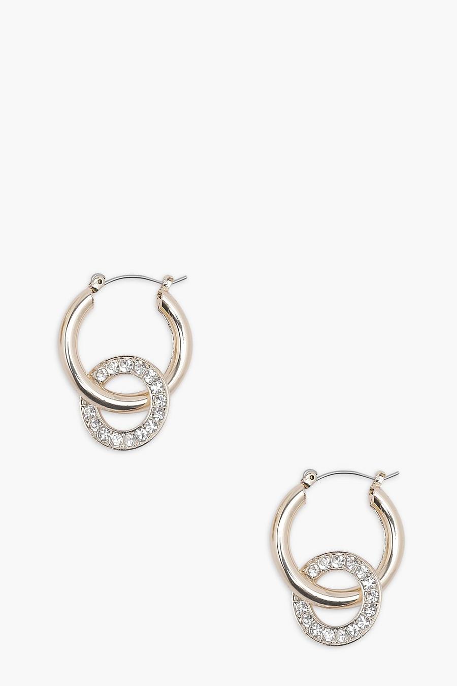 Gold Double Loop Diamante Hoop Earrings image number 1