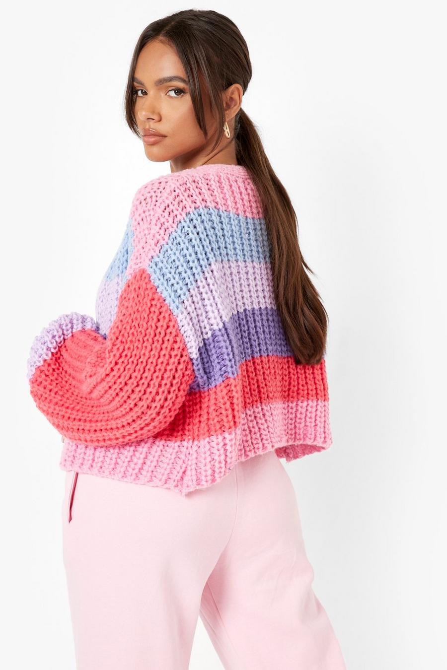 Pink Premium Chunky Knit Striped Cardigan image number 1