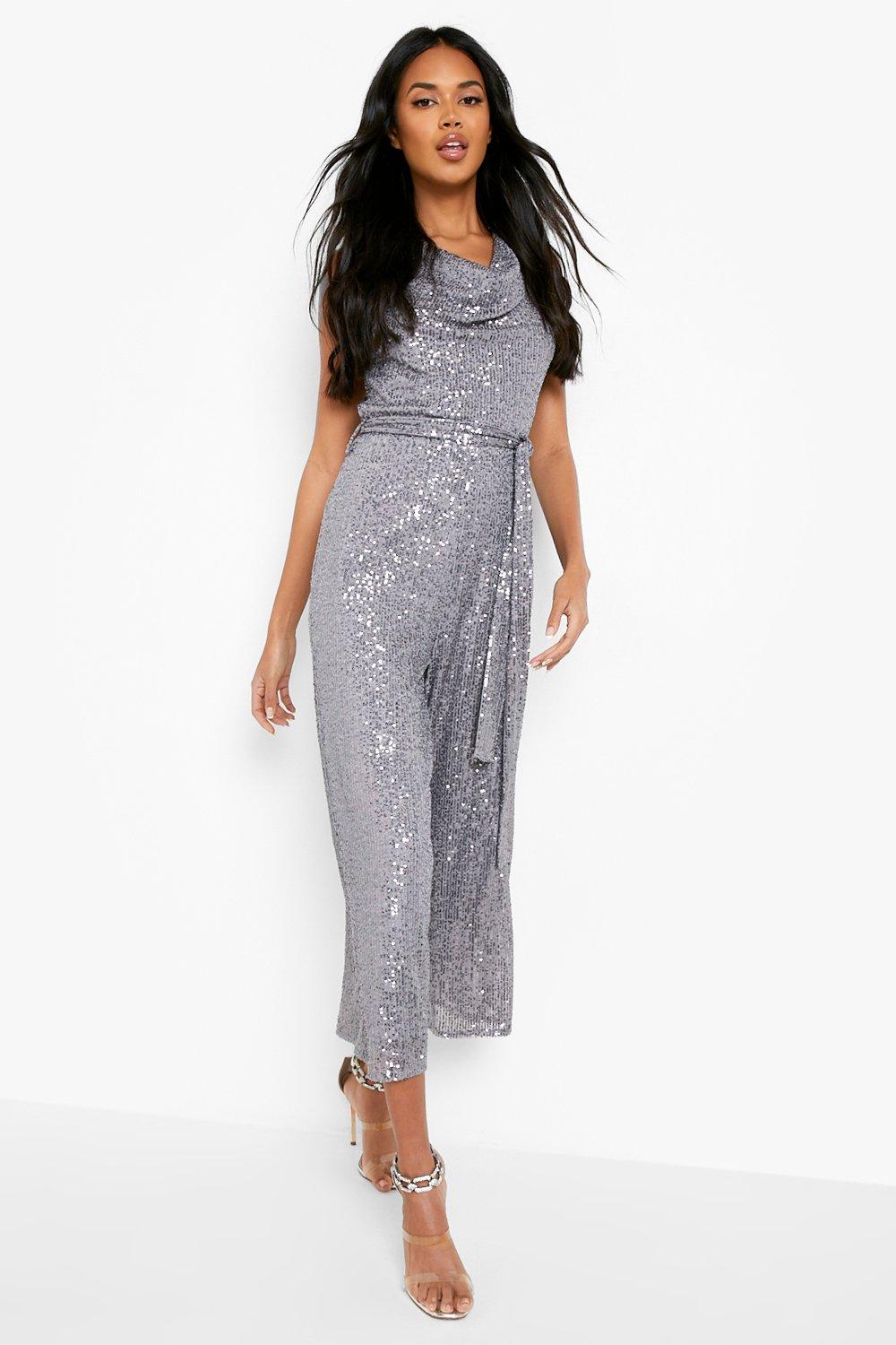 Ontstaan Bij molecuul Sequin Cowl Neck Belted Culotte Jumpsuit | boohoo