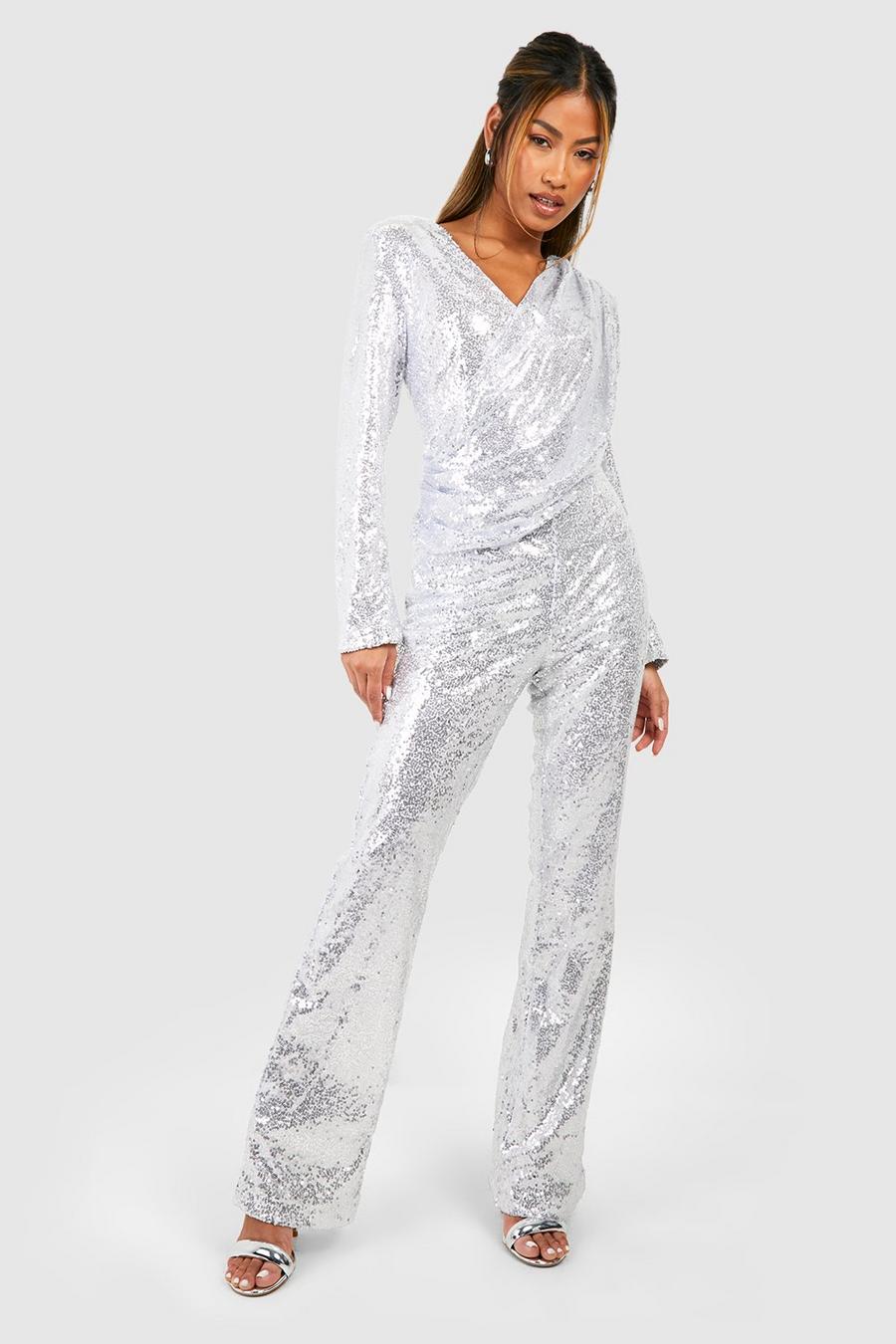 Silver Sequin Draped Wide Leg Jumpsuit image number 1