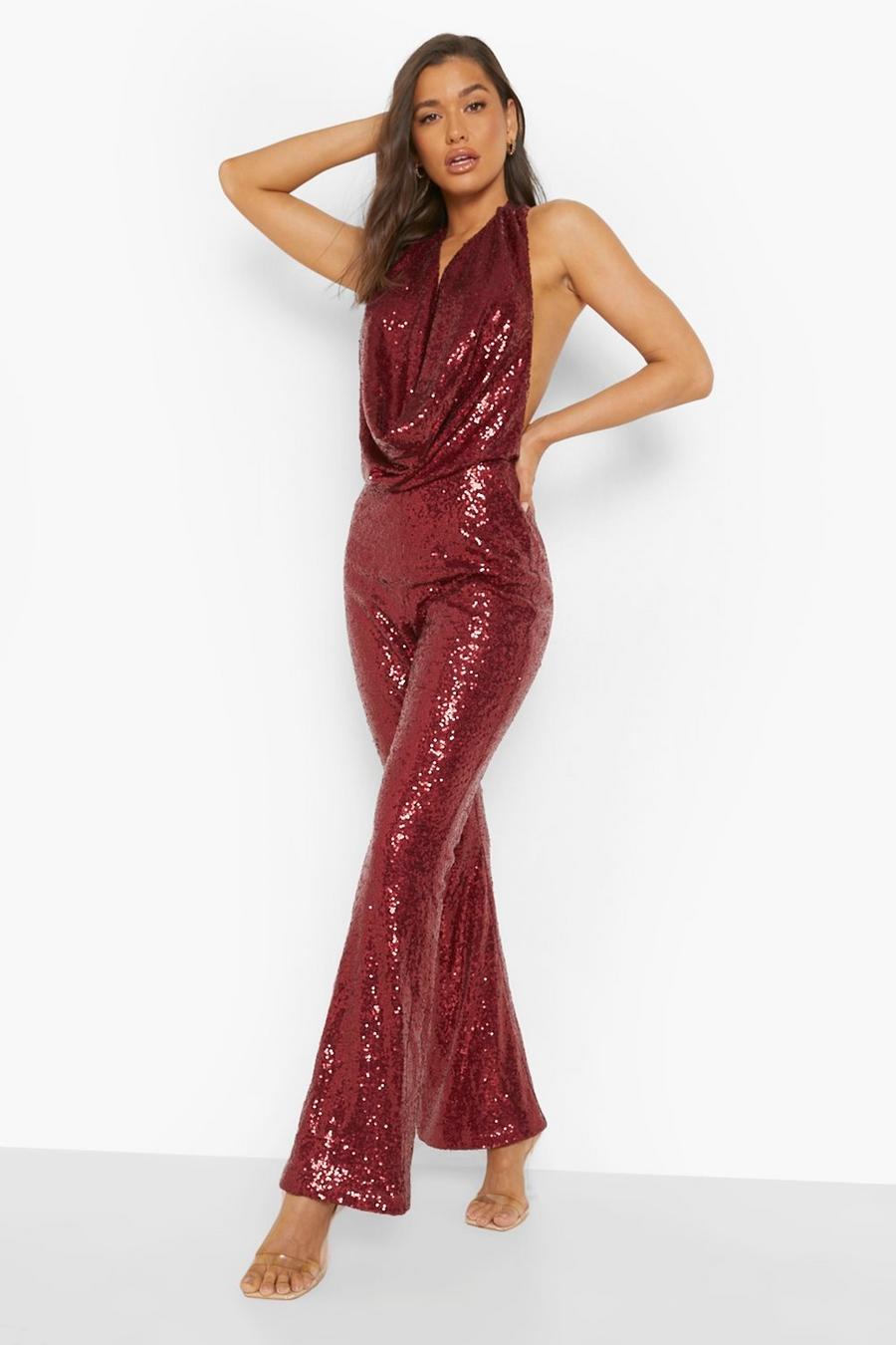 Berry Sequin Halter Neck Flared Jumpsuit