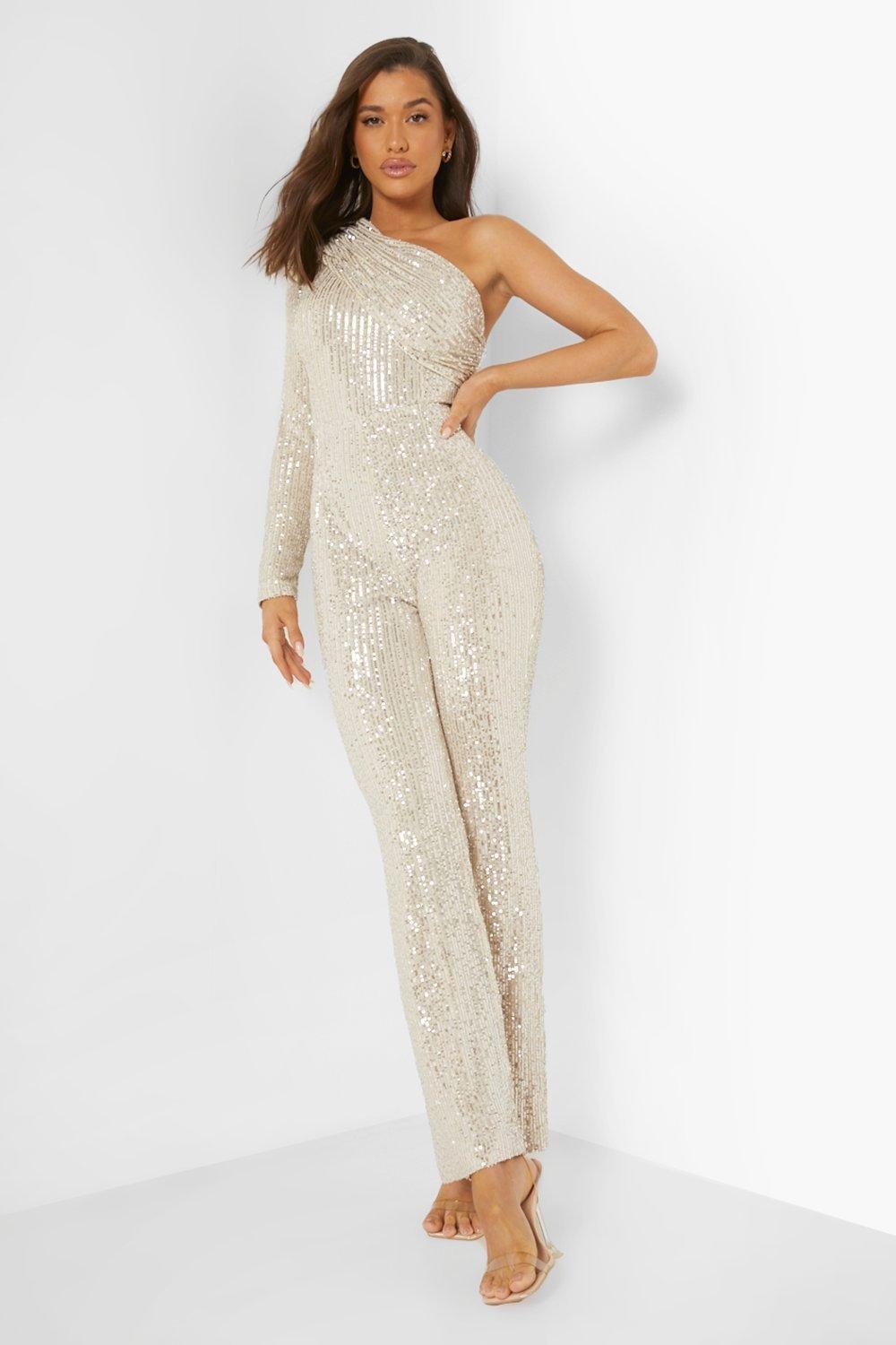 Asymmetric Sequin Wide Leg Jumpsuit boohoo