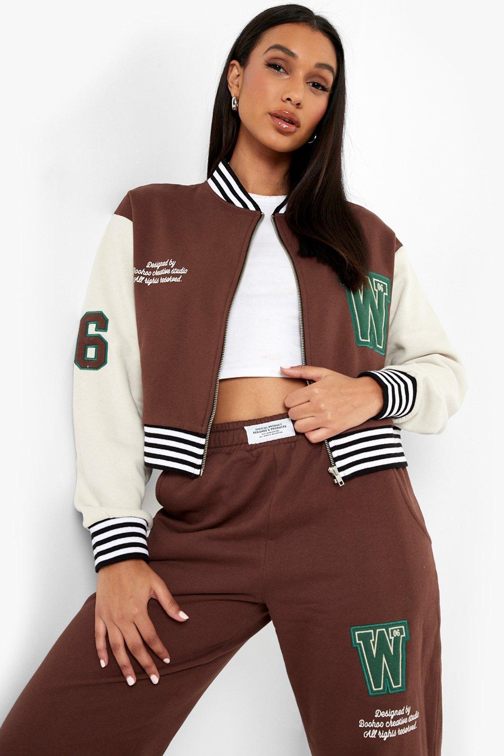 brown cropped varsity jacket