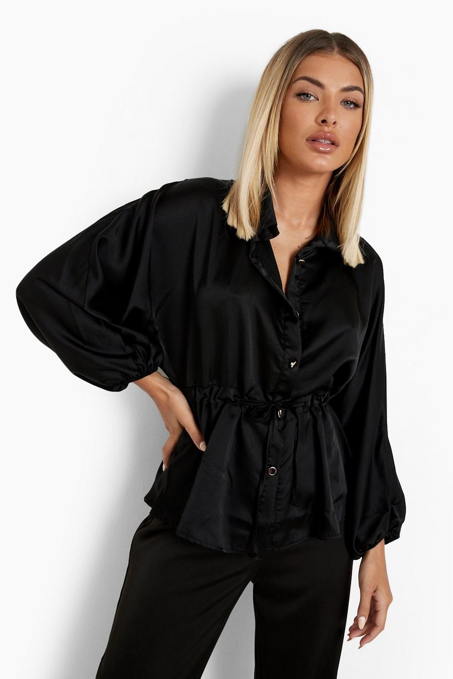Blusa de raso con atadura en la cintura y mangas de globo, Black negro image number 1