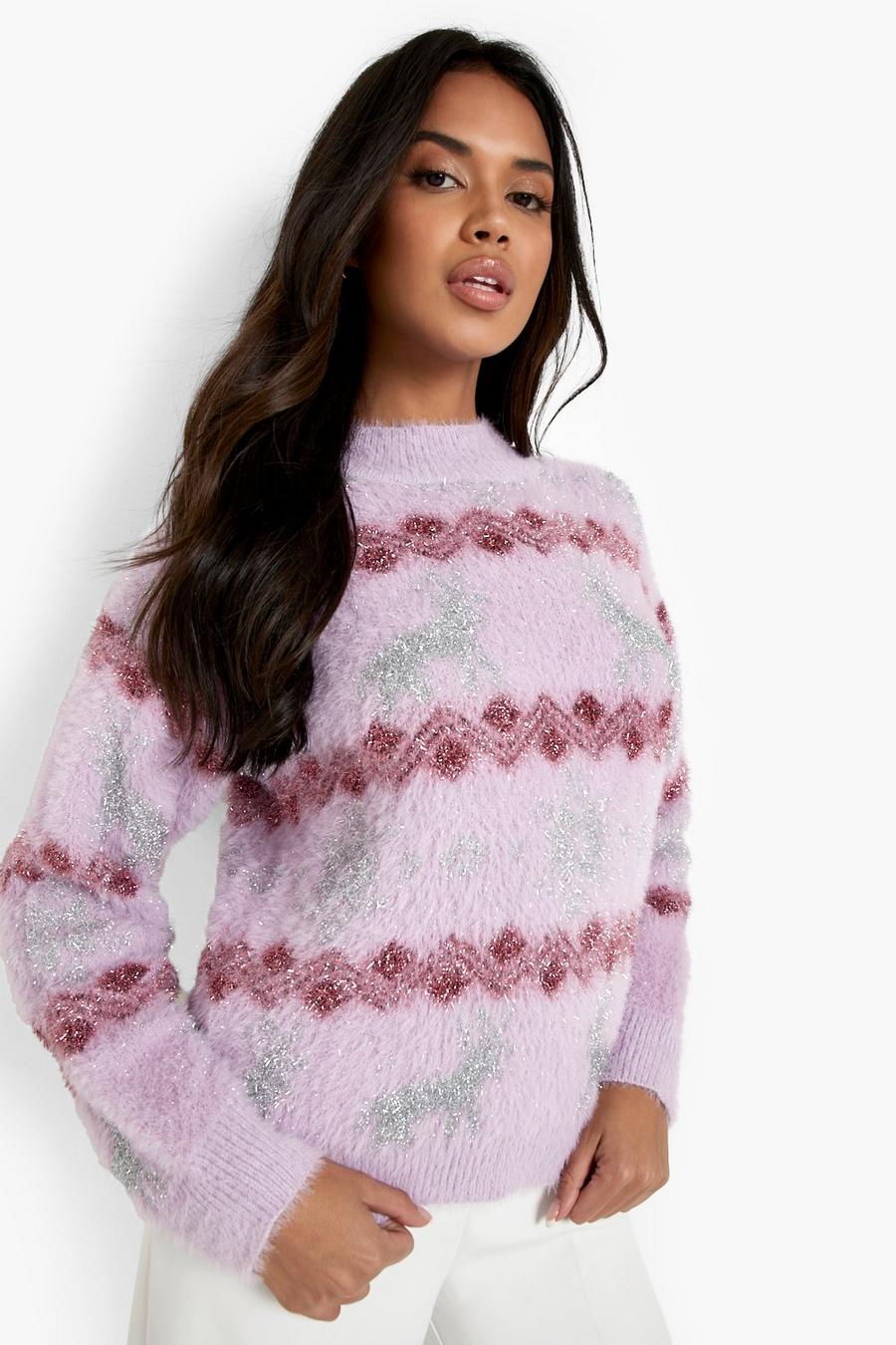 Lilac Fluffy Knit Glitter Christmas Jumper image number 1