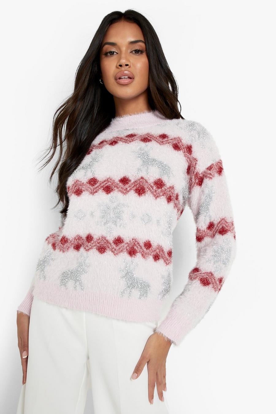Pink Fluffy Knit Glitter Christmas Sweater image number 1