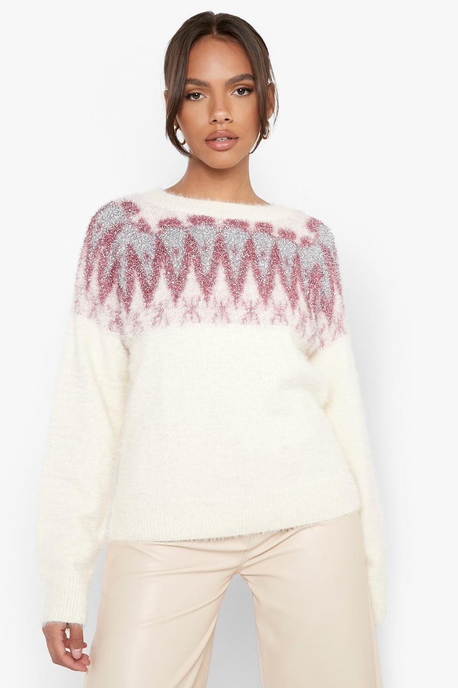 Cream Fluffy Knit Glitter Fairisle Christmas Sweater image number 1