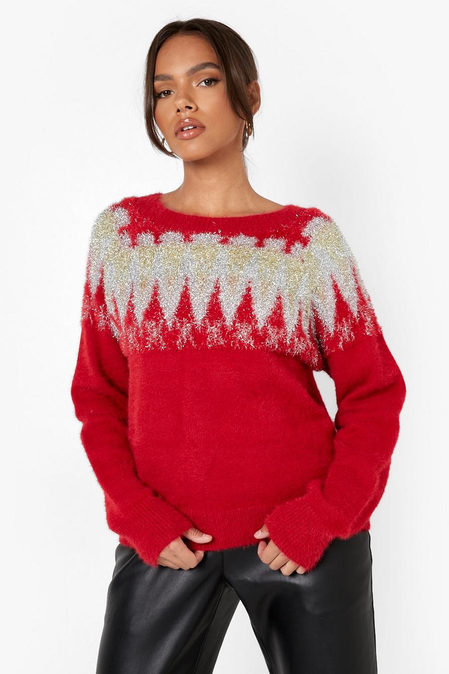 Red Fluffy Knit Glitter Fairisle Christmas Sweater image number 1