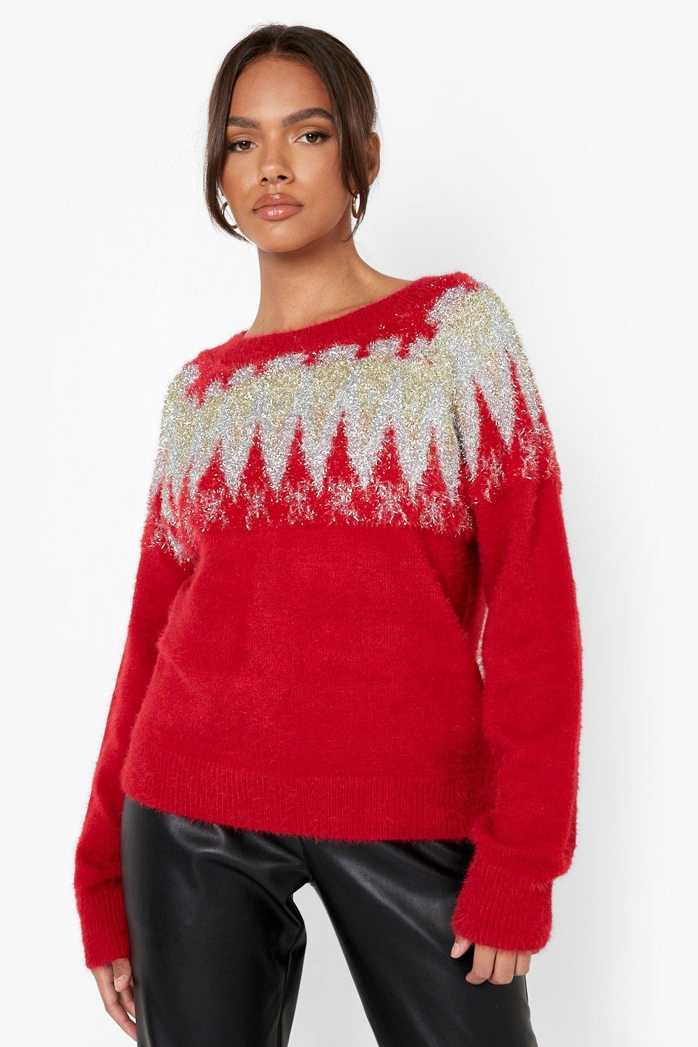 Fluffy Knit Glitter Fairisle Christmas Sweater boohoo