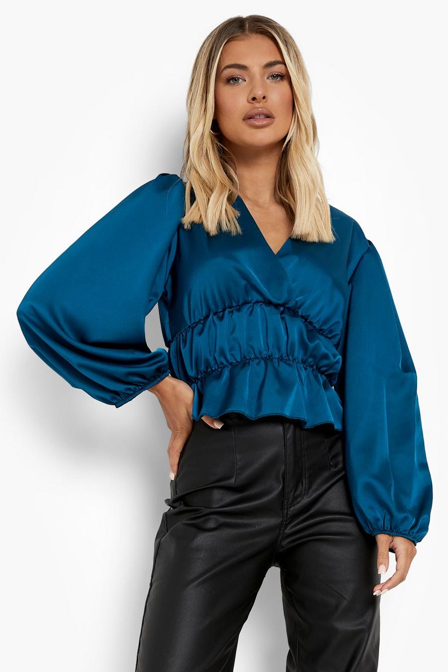 Teal Long Sleeve Ruched Detail Peplum Top image number 1