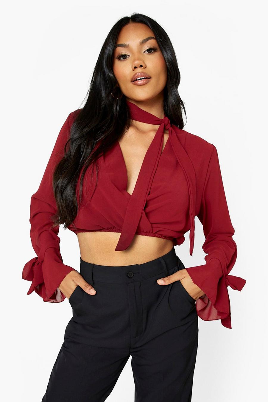 Berry Chiffon Tie Neck Wrap Top image number 1