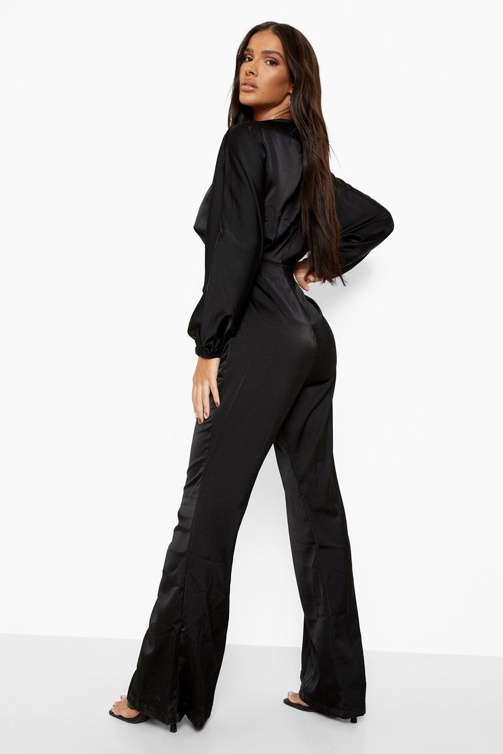 Satin Plunge Flare Leg Jumpsuit