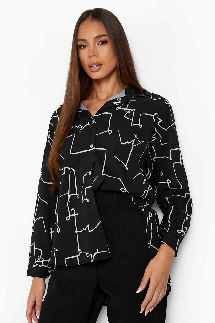 Camicia oversize con stampa a linee, Black image number 1