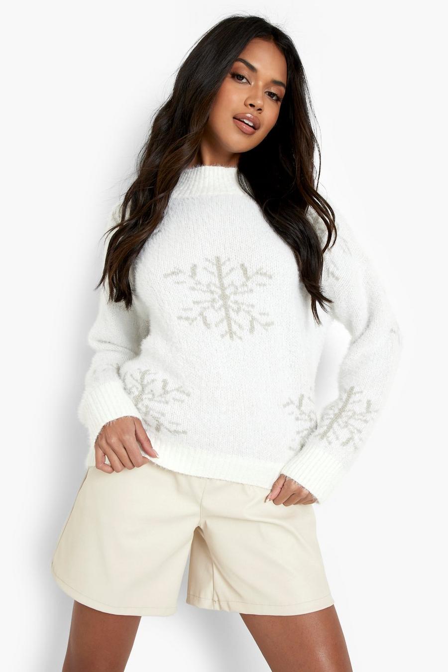Flauschiger Weihnachtspullover mit Schneeflocke, Creme white
