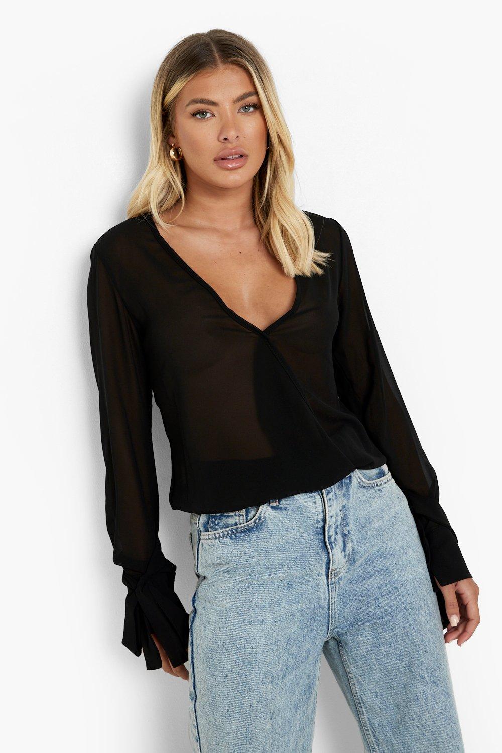 Black Chiffon Tie Cuff Wrap Top