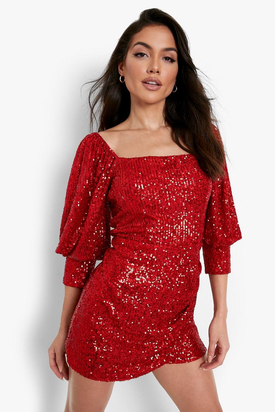 Red Sequin Puff Sleeve Playsuit image number 1
