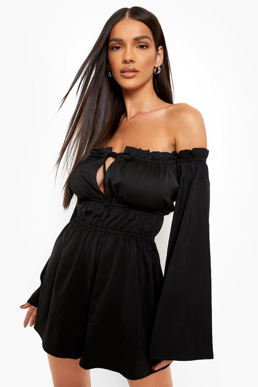 Black Satin Ruched Bardot Playsuit image number 1