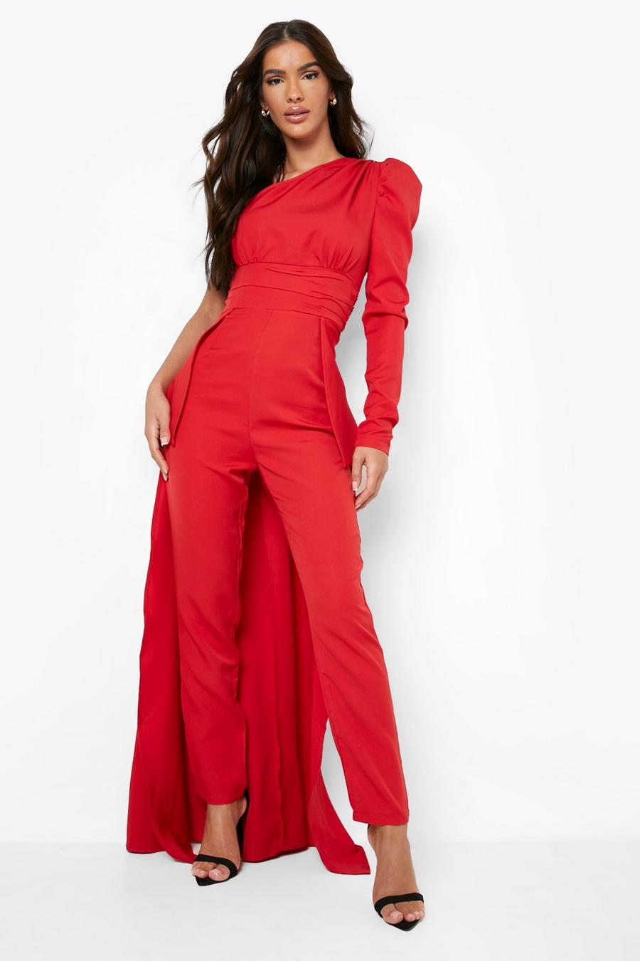 Red Asymmetric Drape Detail Puff Sleeve Jumpsuit image number 1
