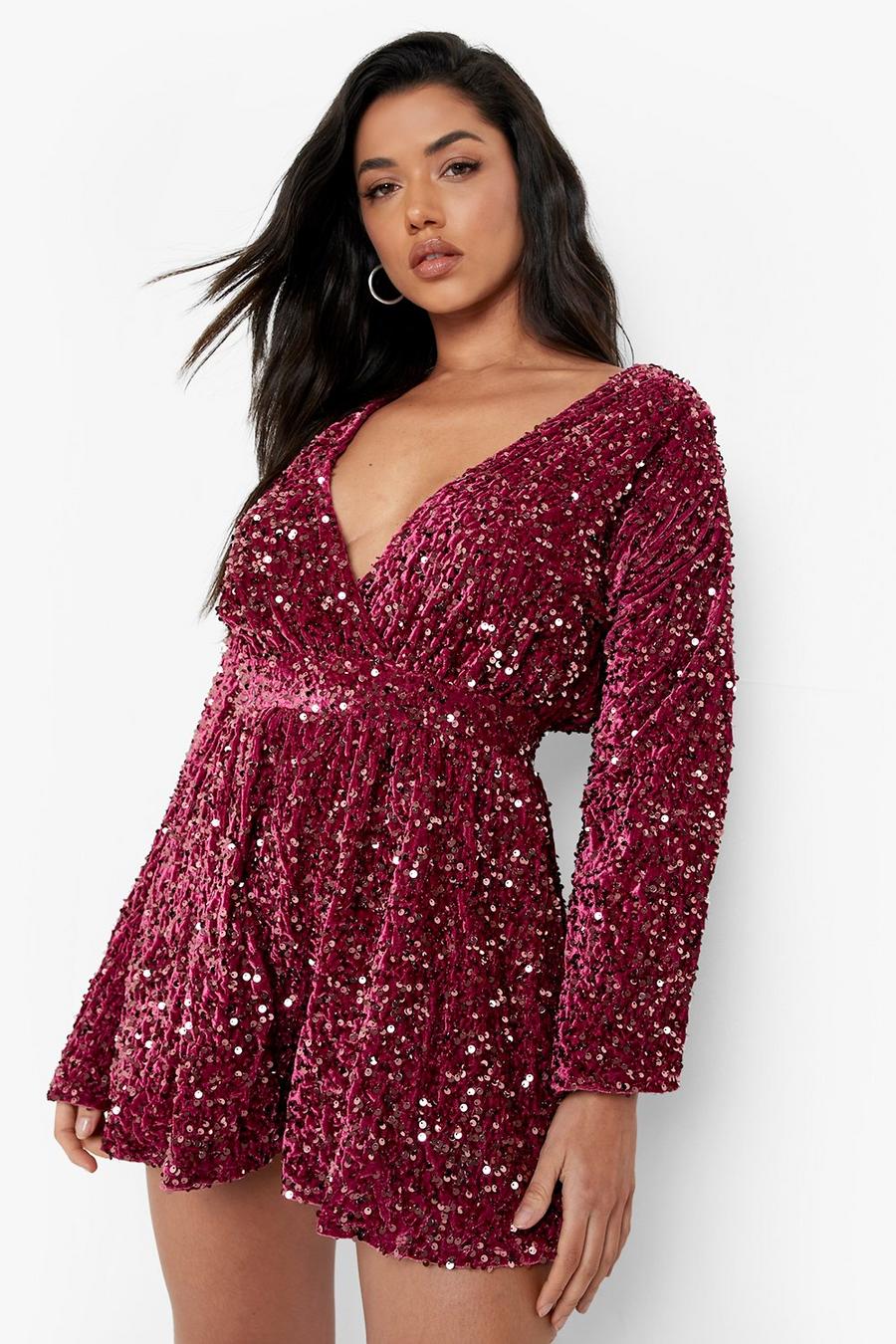 Berry Sequin Flare Sleeve Open Back Playsuit image number 1