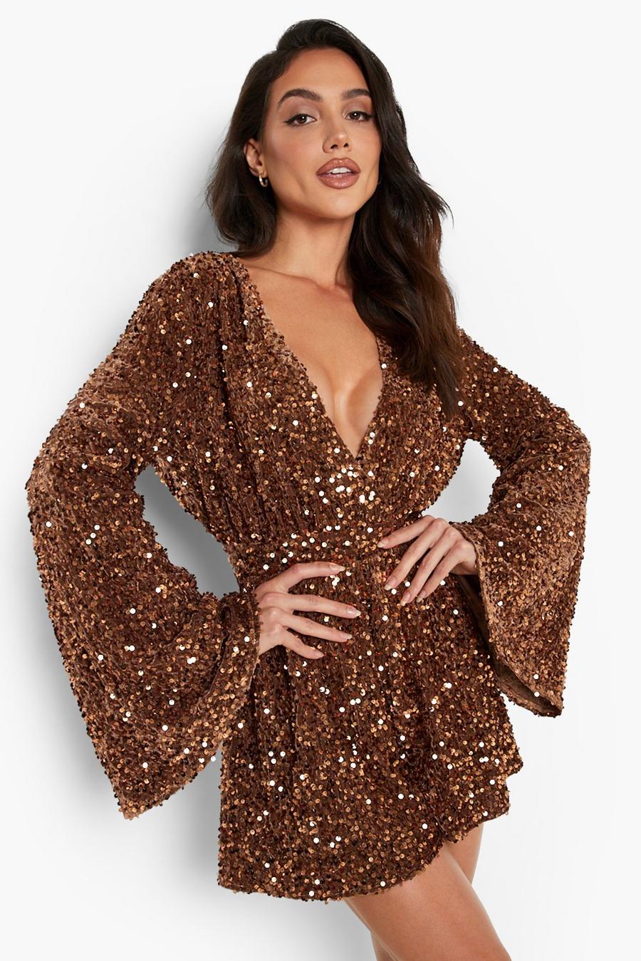 Copper Sequin Flare Sleeve Open Back Playsuit image number 1