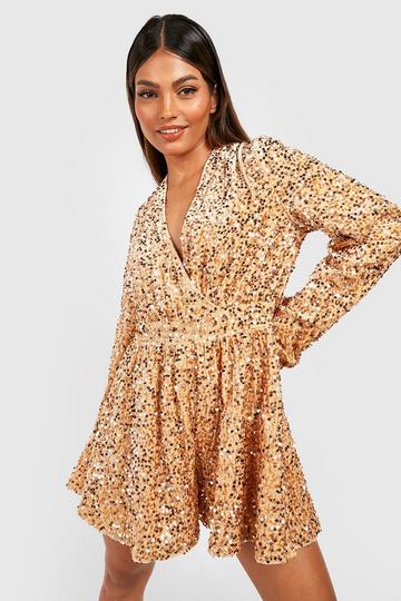Sequin Flare Sleeve Open Back Playsuit gold