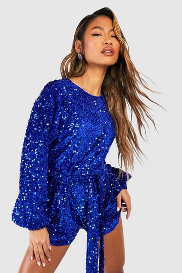 Sequin Extreme Sleeve Belted Playsuit cobalt