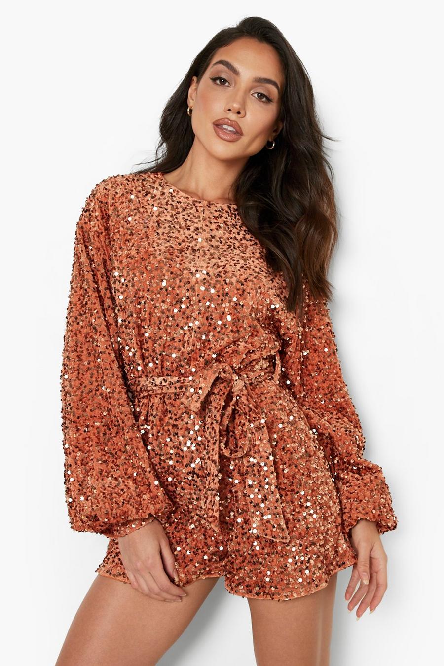 Copper Sequin Extreme Sleeve Belted Playsuit image number 1