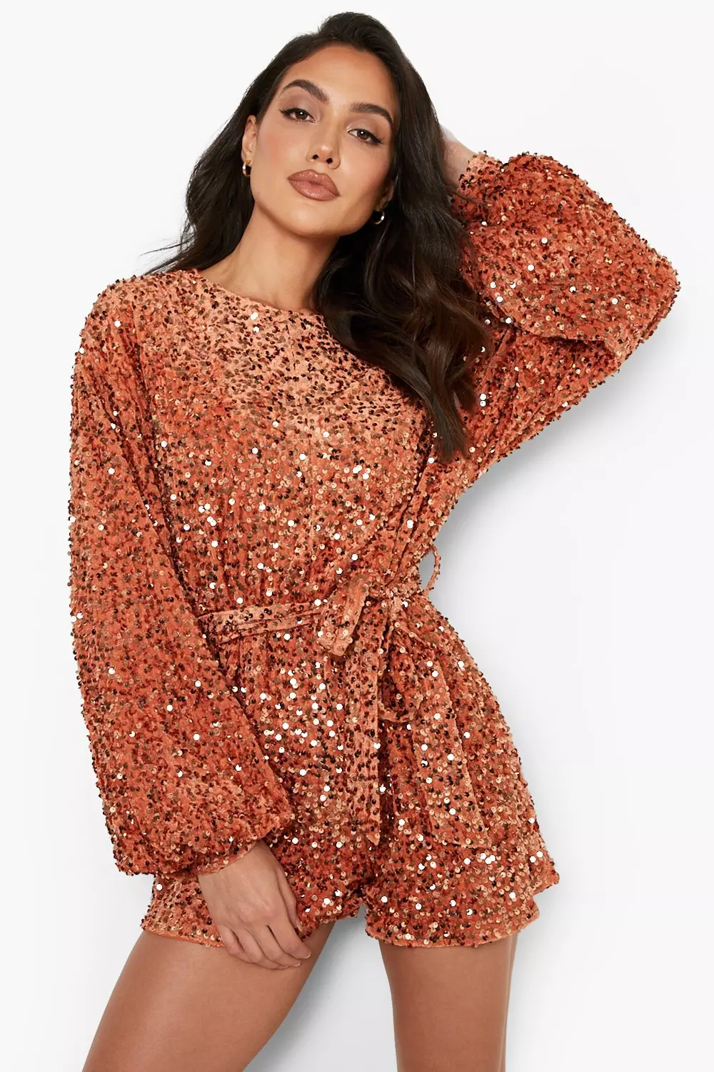 Copper Sequin Extreme Sleeve Belted Playsuit alternative image