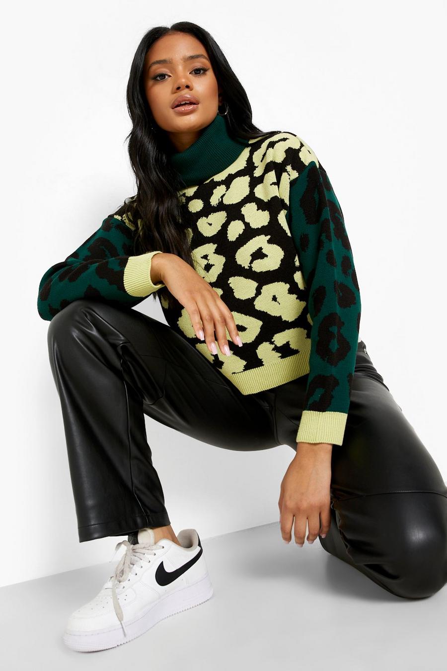 Green Leopard Print Color Block Crop Sweater image number 1