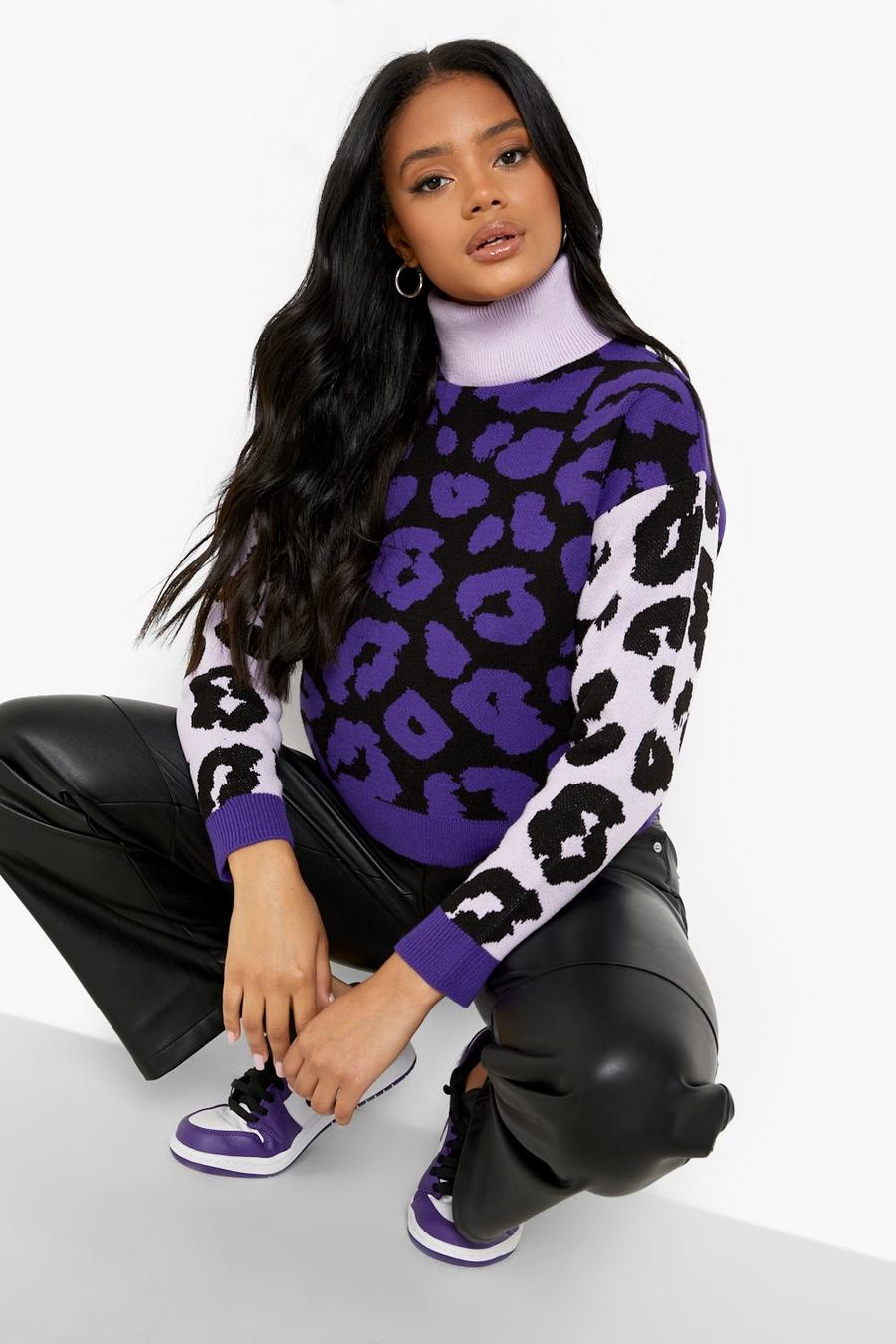 Lilac Kort stickad tröja med blockfärger och leopardmönster